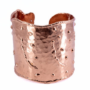 Solid Copper Statement Cuff Bracelet With Dimpled Texture & asymmetrical edging