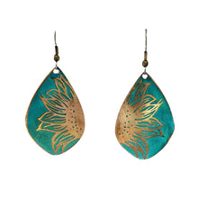 Load image into Gallery viewer, Verdigris Sunflower Earrings - Handmade Copper Teardrop Earrings With Rustic Patina Finish
