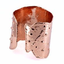 Load image into Gallery viewer, Solid Copper Statement Cuff Bracelet With Dimpled Texture &amp; asymmetrical edging
