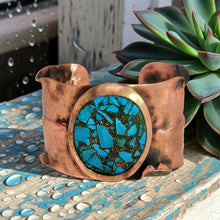 Load image into Gallery viewer, Solid Copper Cuff Bracelet: Rustic Antique Copper Finish, Copper Turquoise Stone - UrbanroseNYC
