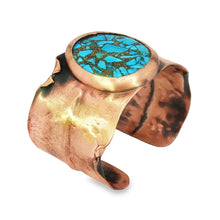 Load image into Gallery viewer, Solid Copper Cuff Bracelet: Rustic Antique Copper Finish, Copper Turquoise Stone - UrbanroseNYC
