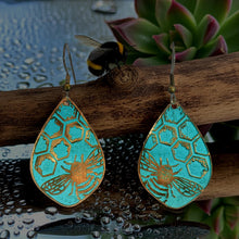 Load image into Gallery viewer, Etched Bumblebee Copper Earrings: Rustic Verdigris Patina Teardrops (Flora &amp; Fauna Collection) - UrbanroseNYC
