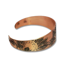 Load image into Gallery viewer, Copper Cuff Bracelet - Handmade Etched Sunflower Cuff With Antique Copper Finish
