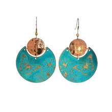 Load image into Gallery viewer, Flora &amp; Fauna Copper Earrings, Butterfly Split Circle Verdigris Patina Dangle Style - UrbanroseNYC

