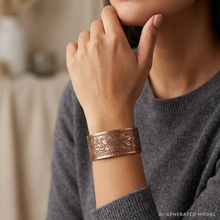 Load image into Gallery viewer, A close-up of a person's hand wearing a copper-colored bracelet with an intricate floral design.
