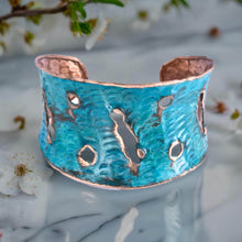 Load image into Gallery viewer, Solid Copper Verdigris Patina Cuff Bracelet With Molten Copper Edging
