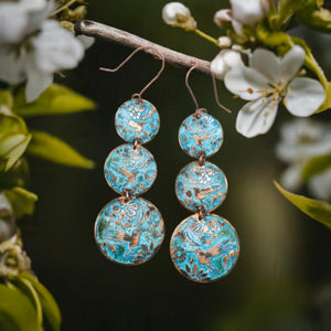 Solid Copper Graduated Verdigris Drop Patina Hummingbird Earrings