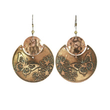 Load image into Gallery viewer, Flora &amp; Fauna Copper Earrings, Butterfly Split Circle Antique Copper Dangle Style - UrbanroseNYC

