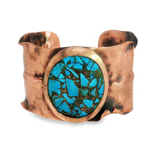 Load image into Gallery viewer, Solid Copper Cuff Bracelet: Rustic Antique Copper Finish, Copper Turquoise Stone - UrbanroseNYC
