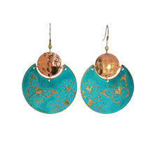 Load image into Gallery viewer, Flora &amp; Fauna Copper Earrings, Butterfly Split Circle Verdigris Patina Dangle Style - UrbanroseNYC
