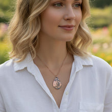 Load image into Gallery viewer, Etched Copper Sunflower Pendant: Antique Patina, Copper Snake or Cable chain - UrbanroseNYC
