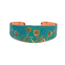 Load image into Gallery viewer, Verdigris Copper Cuff - Etched Tulip Bracelet With Rustic Patina Finish

