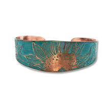 Load image into Gallery viewer, Verdigris Copper Cuff - Etched Sunflower Bracelet With Rustic Patina Finish
