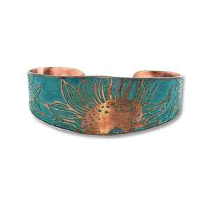 Verdigris Copper Cuff - Etched Sunflower Bracelet With Rustic Patina Finish