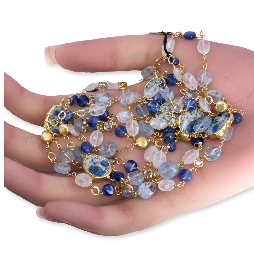 Long Gemstone Wraparound Necklace - K2 Jasper, Kyanite & Rainbow Moonstone