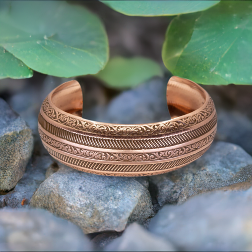 Solid Copper Domed Cuff - Etched Stripes Design - UrbanroseNYC