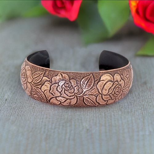 Solid Copper Domed Cuff - Rose Design - UrbanroseNYC