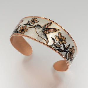 Copper Art Bracelet - Hummingbird wide cuff top
