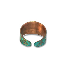 Load image into Gallery viewer, Verdigris Sunflower Ring - Rustic Copper Band With Etched Sunflower Motif
