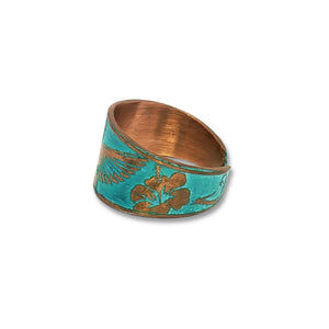 Verdigris Hummingbird Ring - Rustic Copper Band With Etched Hummingbird Motif