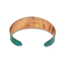 Load image into Gallery viewer, Verdigris Copper Cuff - Etched Hummingbird Bracelet With Rustic Patina Finish
