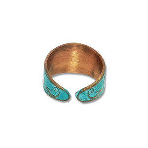 Verdigris Hummingbird Ring - Rustic Copper Band With Etched Hummingbird Motif