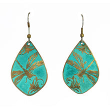 Load image into Gallery viewer, A pair of turquoise earrings with gold designs, featuring a dragonfly motif.
