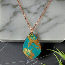 Load image into Gallery viewer, Etched Copper Hummingbird Pendant: Verdigris Patina, Floral Motif - UrbanroseNYC
