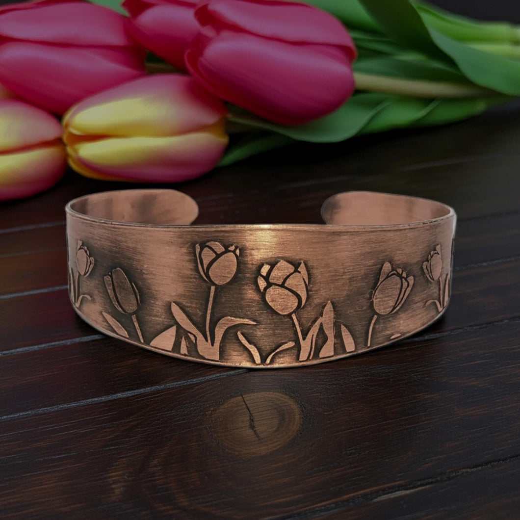 Copper Cuff Bracelet - Handmade Etched Tulip Cuff With Antique Copper Finish