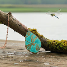Load image into Gallery viewer, Etched Copper Dragonfly Pendant: Verdigris Patina, 22" Rolo Chain - UrbanroseNYC
