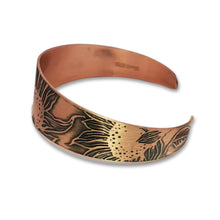 Load image into Gallery viewer, Copper Cuff Bracelet - Handmade Etched Sunflower Cuff With Antique Copper Finish
