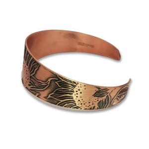 Copper Cuff Bracelet - Handmade Etched Sunflower Cuff With Antique Copper Finish