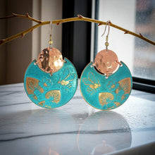 Load image into Gallery viewer, Flora &amp; Fauna Copper Earrings, Bumblebee Split Circle Verdigris Patina Dangle Style - UrbanroseNYC
