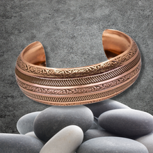 Load image into Gallery viewer, Solid Copper Domed Cuff - Etched Stripes Design UrbanroseNYC
