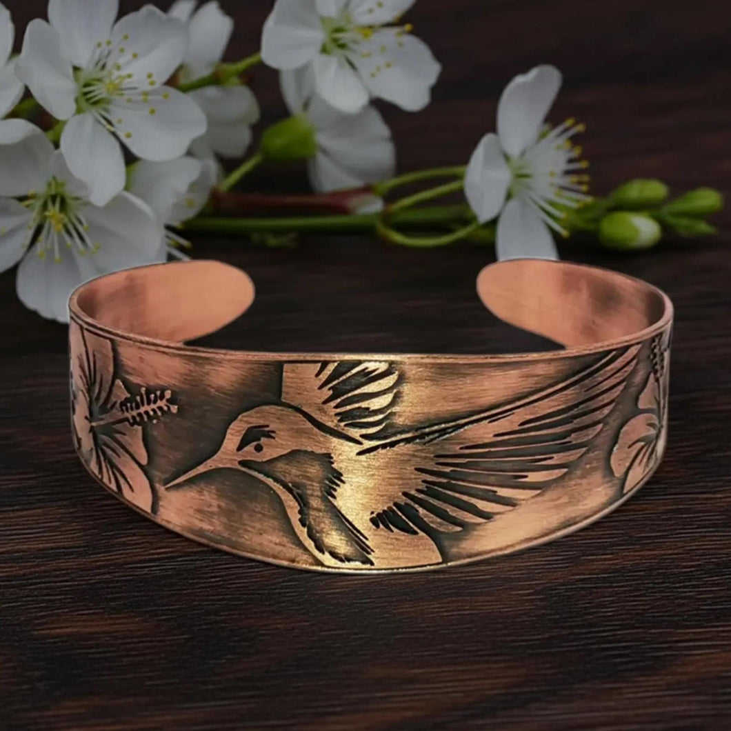 Copper Cuff Bracelet - Handmade Etched Hummingbird Cuff With Antique Copper Finish