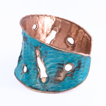 Load image into Gallery viewer, Solid Copper Verdigris Patina Cuff Bracelet With Molten Copper Edging
