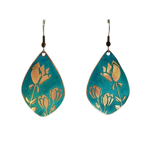 Verdigris Tulip Earrings - Handmade Copper Teardrop Earrings With Rustic Patina Finish