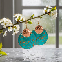 Load image into Gallery viewer, Flora &amp; Fauna Copper Earrings, Butterfly Split Circle Verdigris Patina Dangle Style - UrbanroseNYC
