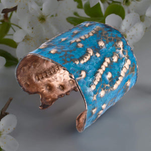 Solid Copper Patina Cuff Bracelet With Dimpled Texture