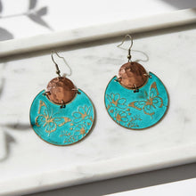 Load image into Gallery viewer, Flora &amp; Fauna Copper Earrings, Butterfly Split Circle Verdigris Patina Dangle Style - UrbanroseNYC
