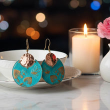 Load image into Gallery viewer, Flora &amp; Fauna Copper Earrings, Bumblebee Split Circle Verdigris Patina Dangle Style - UrbanroseNYC
