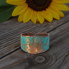 Load image into Gallery viewer, Verdigris Sunflower Ring - Rustic Copper Band With Etched Sunflower Motif
