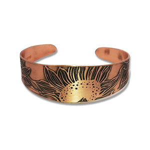 Copper Cuff Bracelet - Handmade Etched Sunflower Cuff With Antique Copper Finish