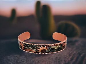 Copper Art Bracelet - Western Sunflowers Narrow Cuff