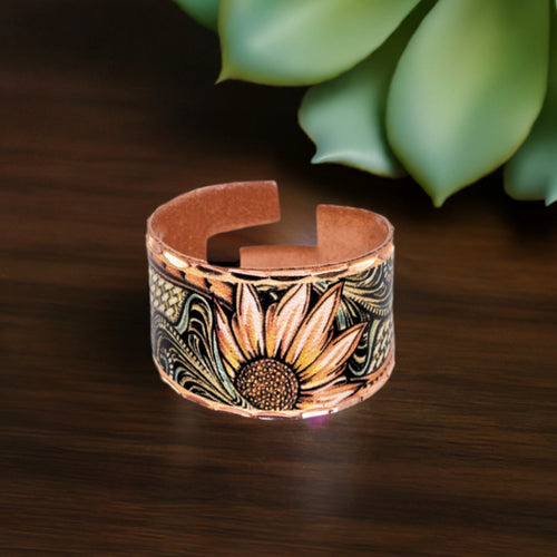 Copper art ring with western sunflower design