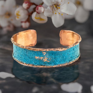 solid copper verdigris patina narrow cuff bracelet with molten edges