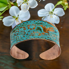 Load image into Gallery viewer, Solid Copper Patina Concave Cuff Bracelet with Hummingbird &amp; Floral Motif &amp; Dark Verdigris Patina
