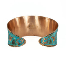 Load image into Gallery viewer, Solid Copper Patina Concave Cuff Bracelet with Hummingbird &amp; Floral Motif &amp; Dark Verdigris Patina
