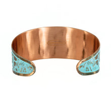 Load image into Gallery viewer, Solid Copper Patina Cuff Bracelet with Hummingbird &amp; Floral Motif &amp; Light Verdigris Patina
