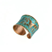 Load image into Gallery viewer, Solid Copper Patina Concave Cuff Ring with Hummingbird &amp; Floral Motif &amp; Dark Verdigris Patina
